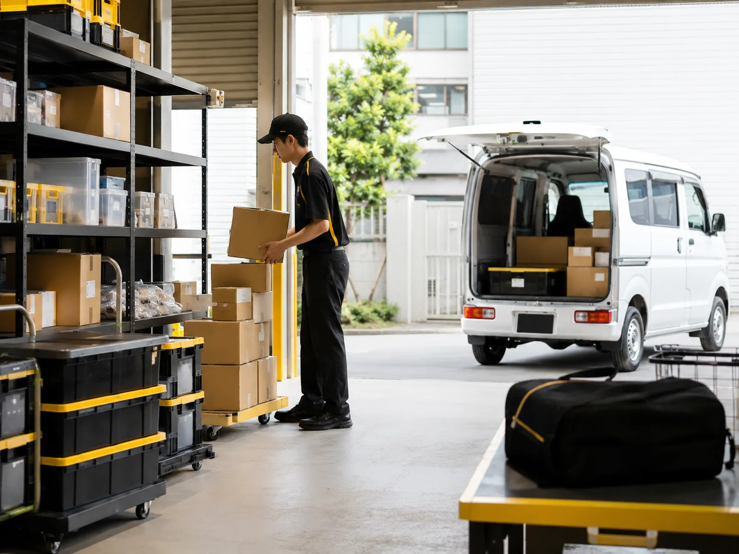配送拠点で企業向けの荷物を仕分けするJUNGLEのスタッフ