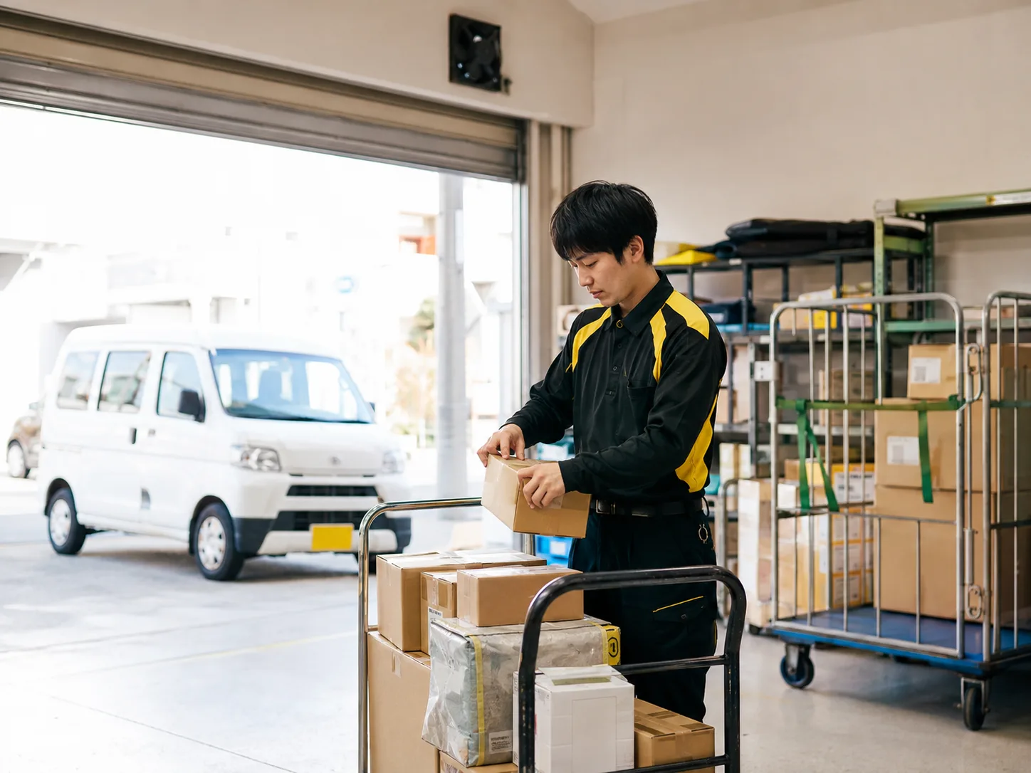 配送拠点で台車を使って荷物を積み替えるJUNGLEのスタッフ