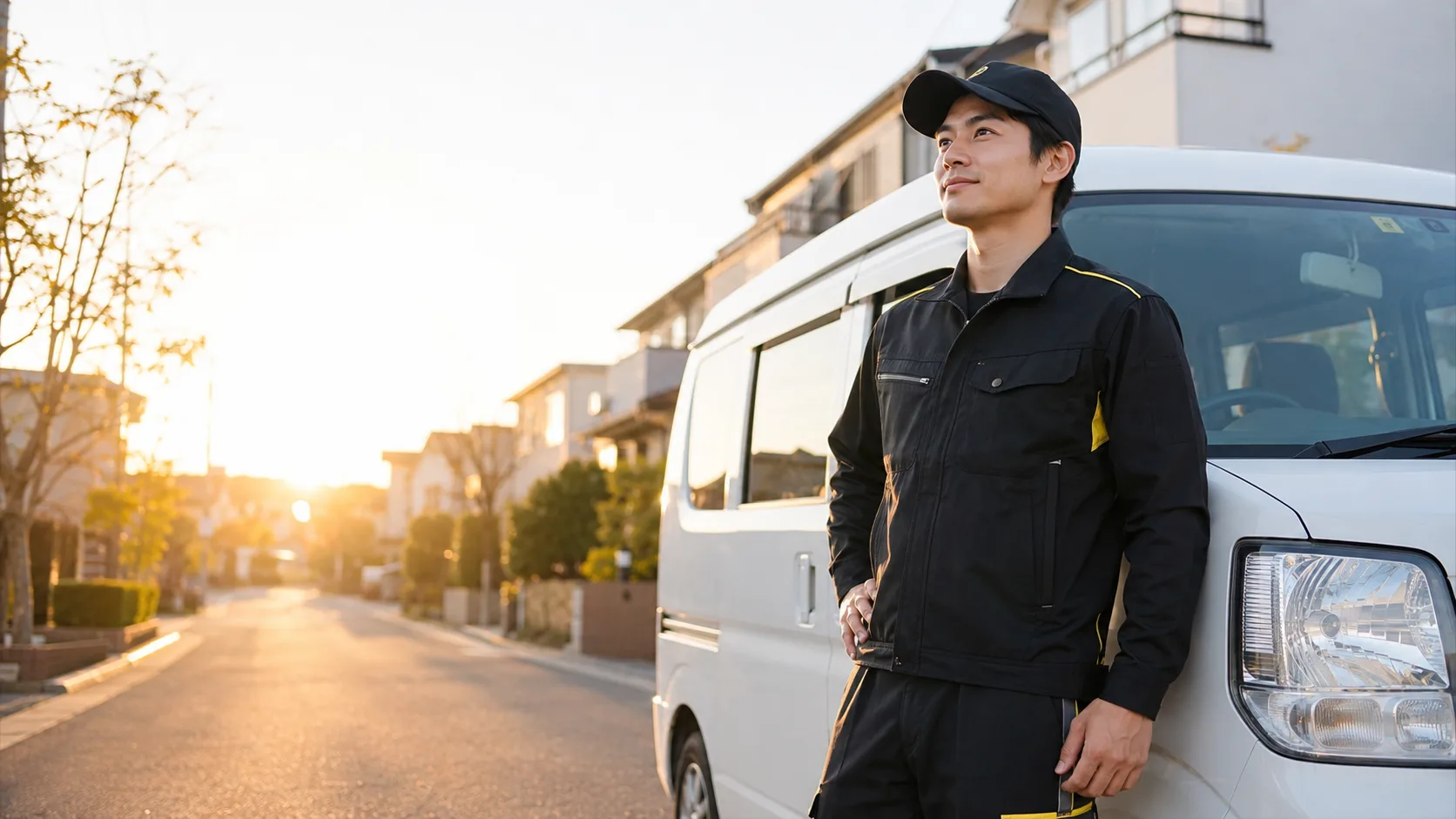夕暮れの住宅街で配送を終えたJUNGLEの軽貨物ドライバー