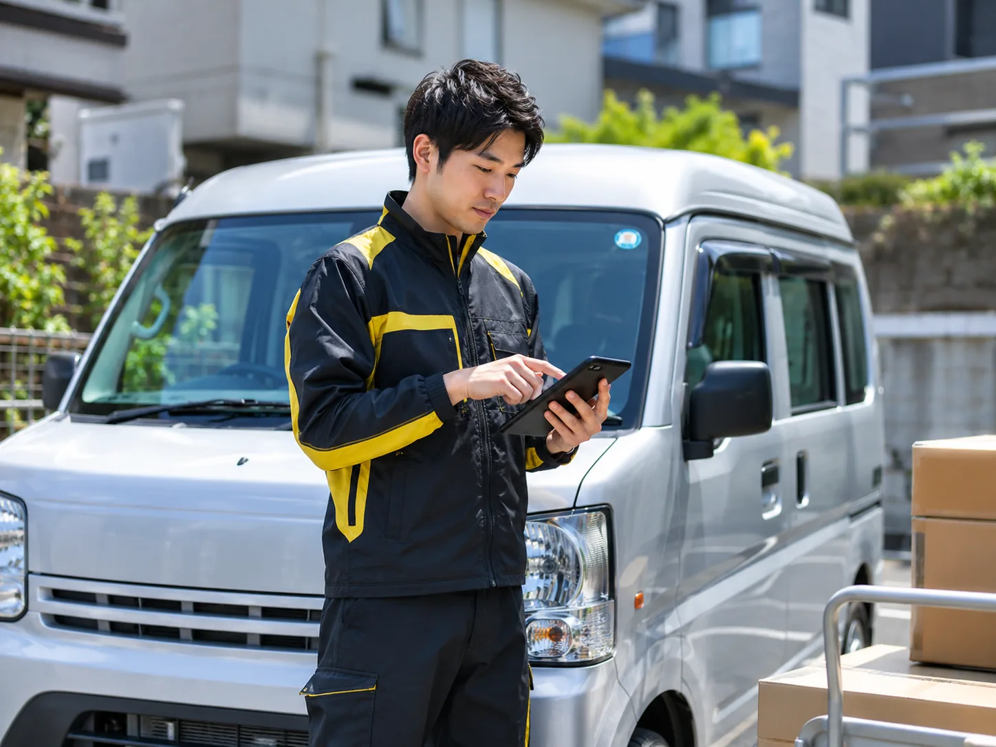 軽貨物車両の前でタブレットを確認するJUNGLEのドライバー