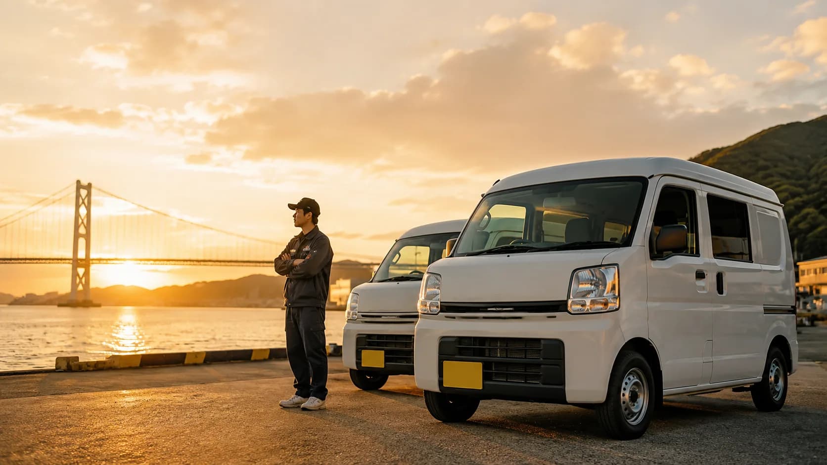 夕景の明石海峡大橋を背に並ぶJUNGLEの軽貨物車両